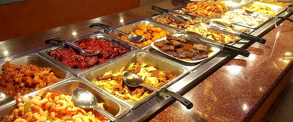 88 Buffet hot entrees — orange chicken, BBQ pork, fried shrimp