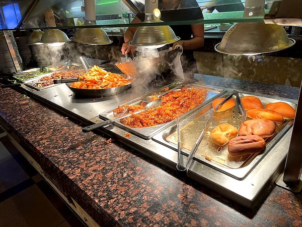 88 Buffet fried shrimp and glazed chicken under heat lamps